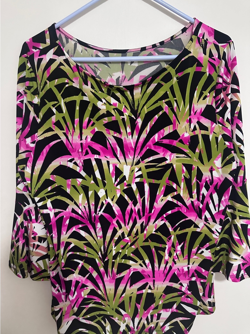 Kasper Group Tropical Palm Print 3/4 Bell Sleeve Top - XL (No Size Tag)
